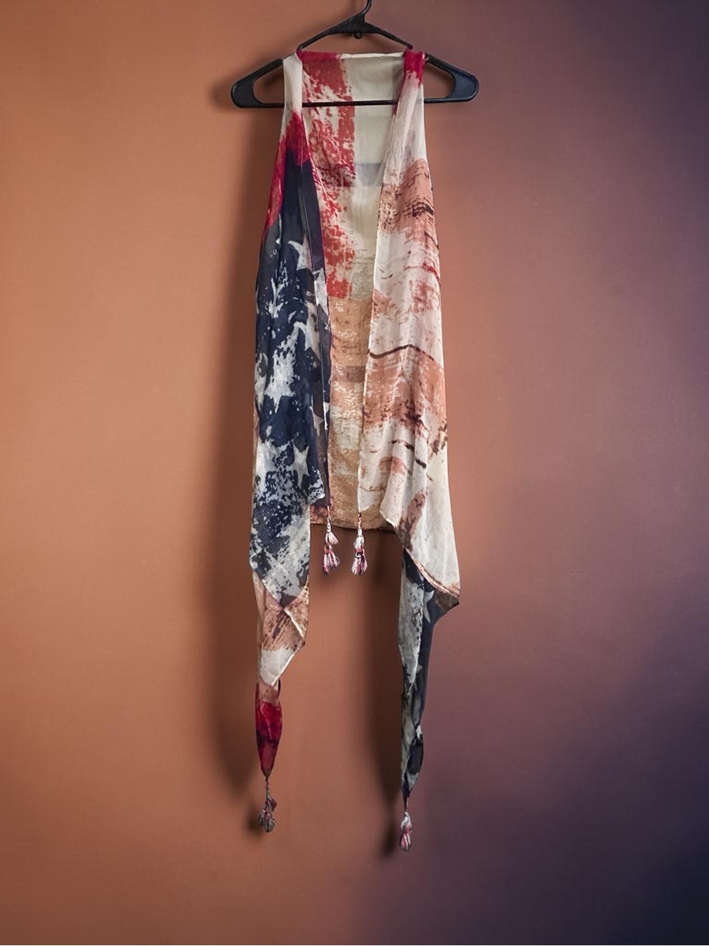 Bohemian Flag-Print Draped Open Scarf Cardigan- Red, White & Blue